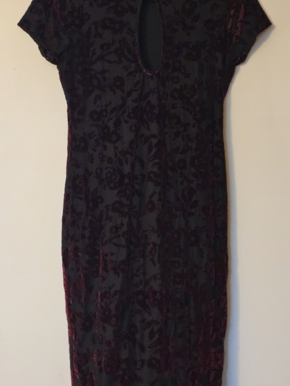 Velvet Burnout Midi Dress | Mock Neck Keyhole | Dark Burgundy | Large